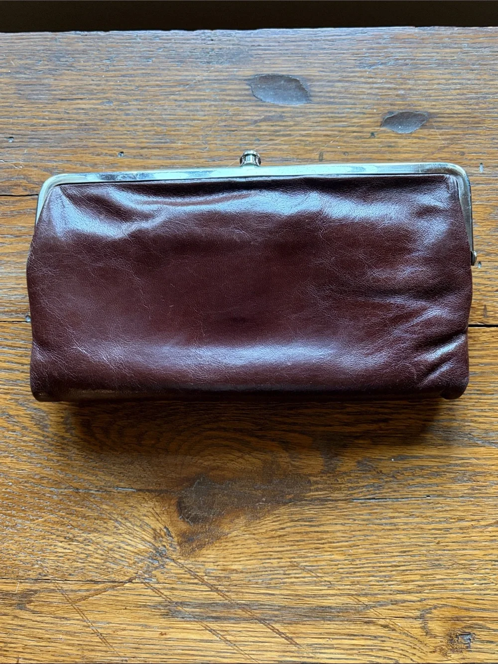 Hobo International Brown Leather Frame Wallet Kiss Lock Clutch Organizer